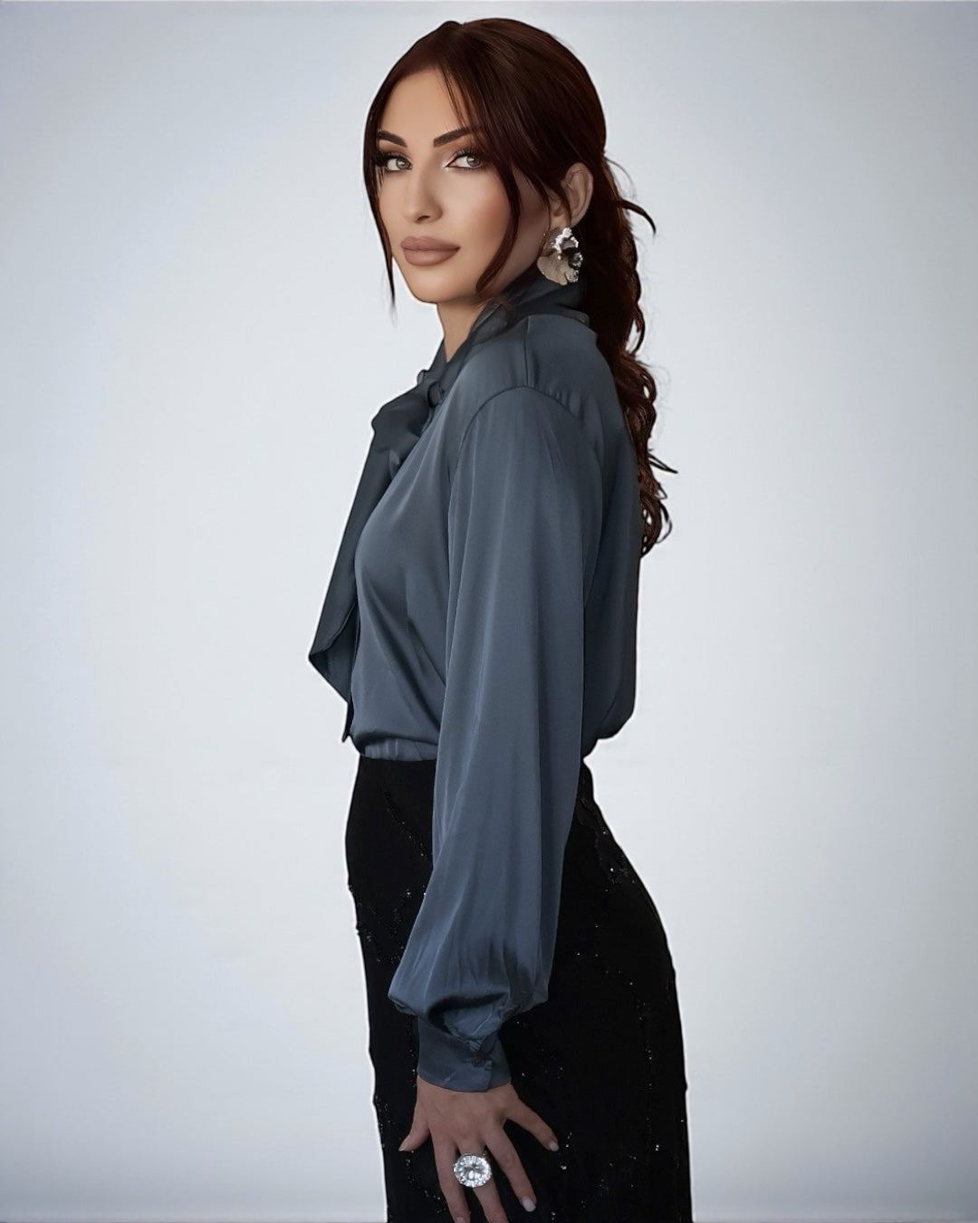 Silky Blouse With Neck Bow (Bluish Gray)