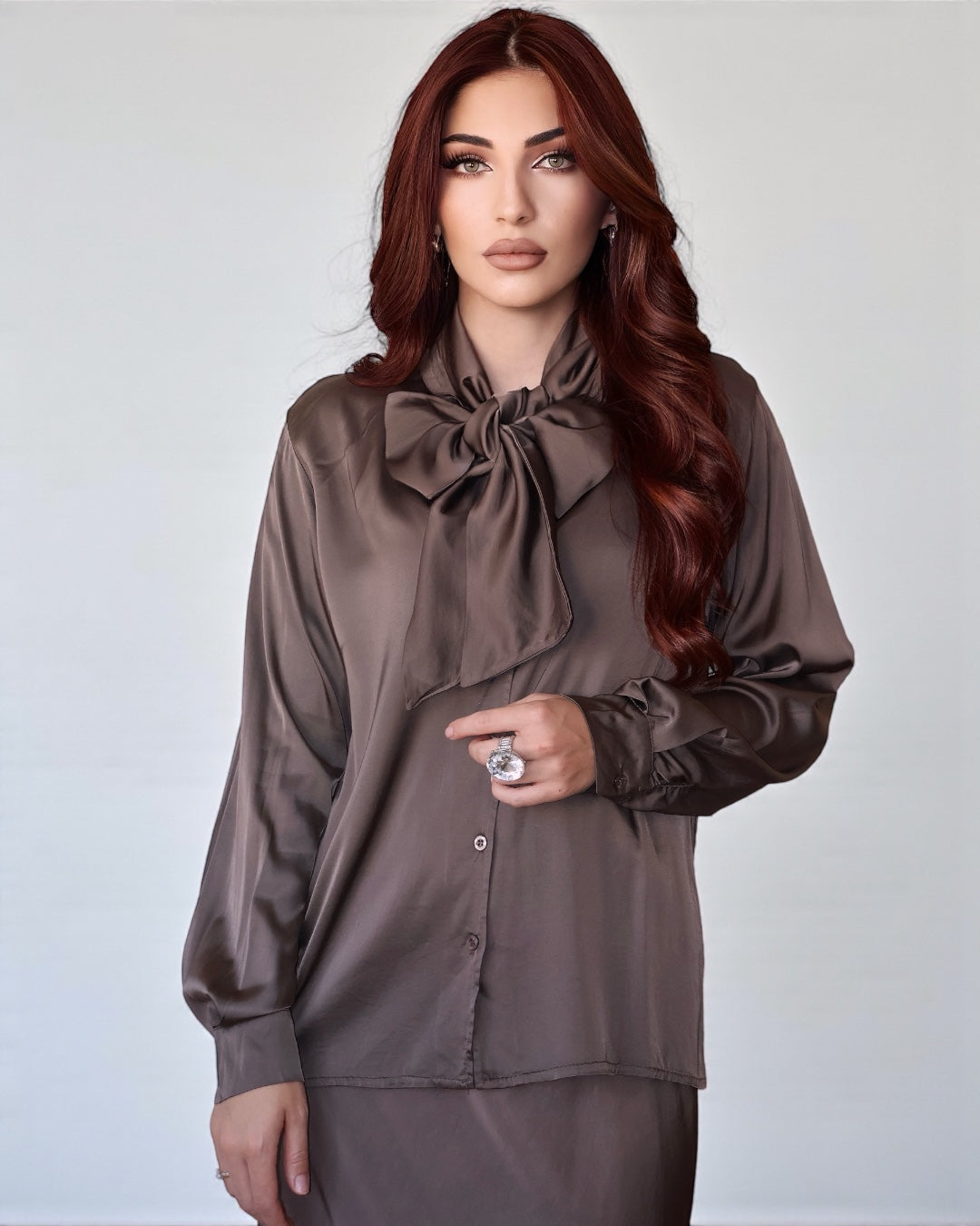 Silky Blouse With Neck Bow (Dark Chocolate)