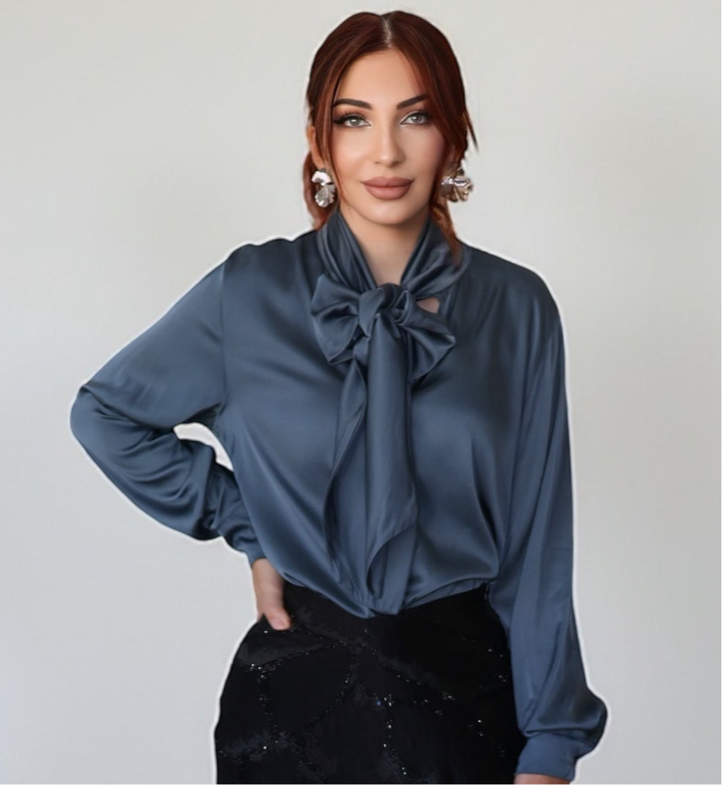 Silky Blouse With Neck Bow (Bluish Gray)