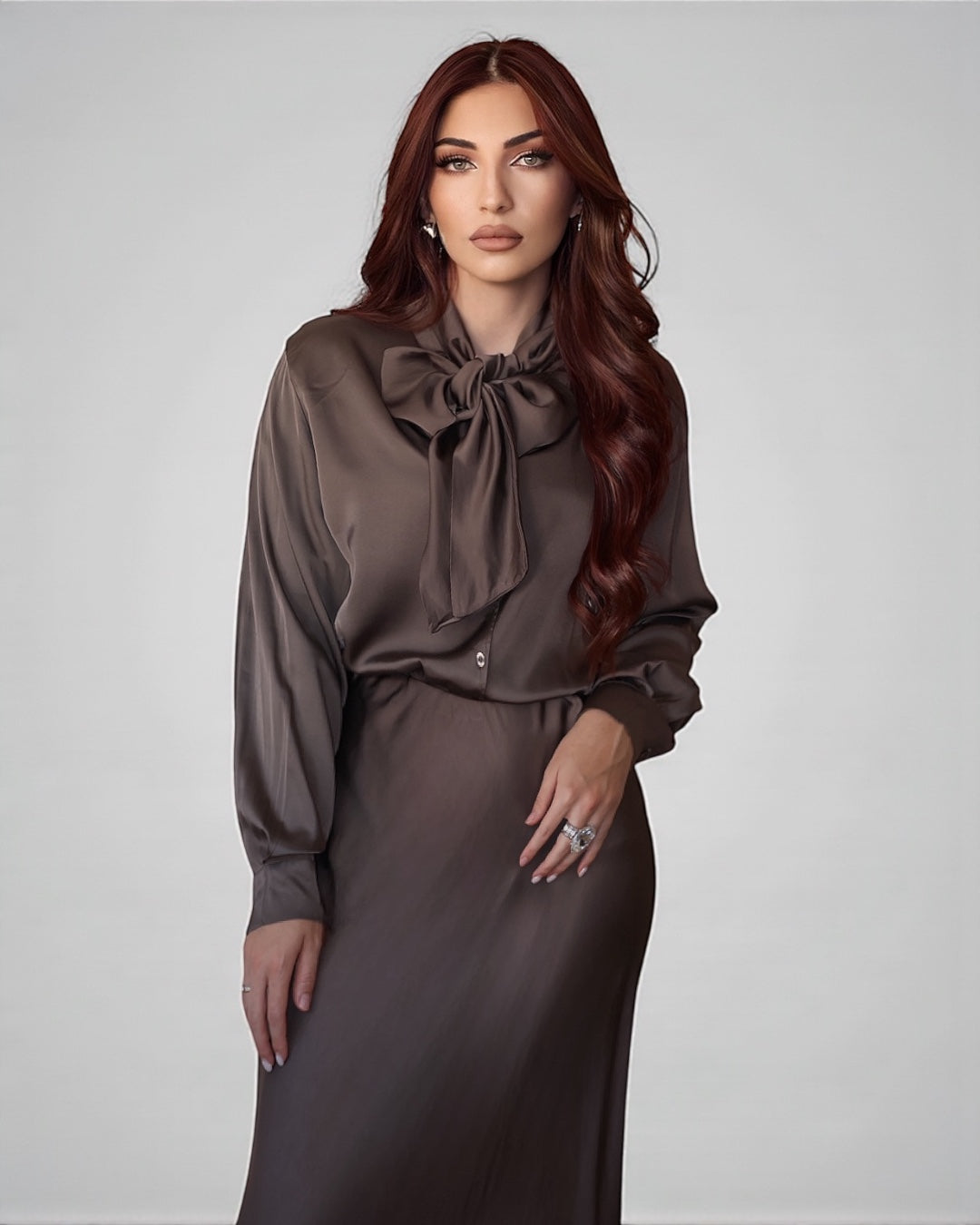 Silky Blouse With Neck Bow (Dark Chocolate)