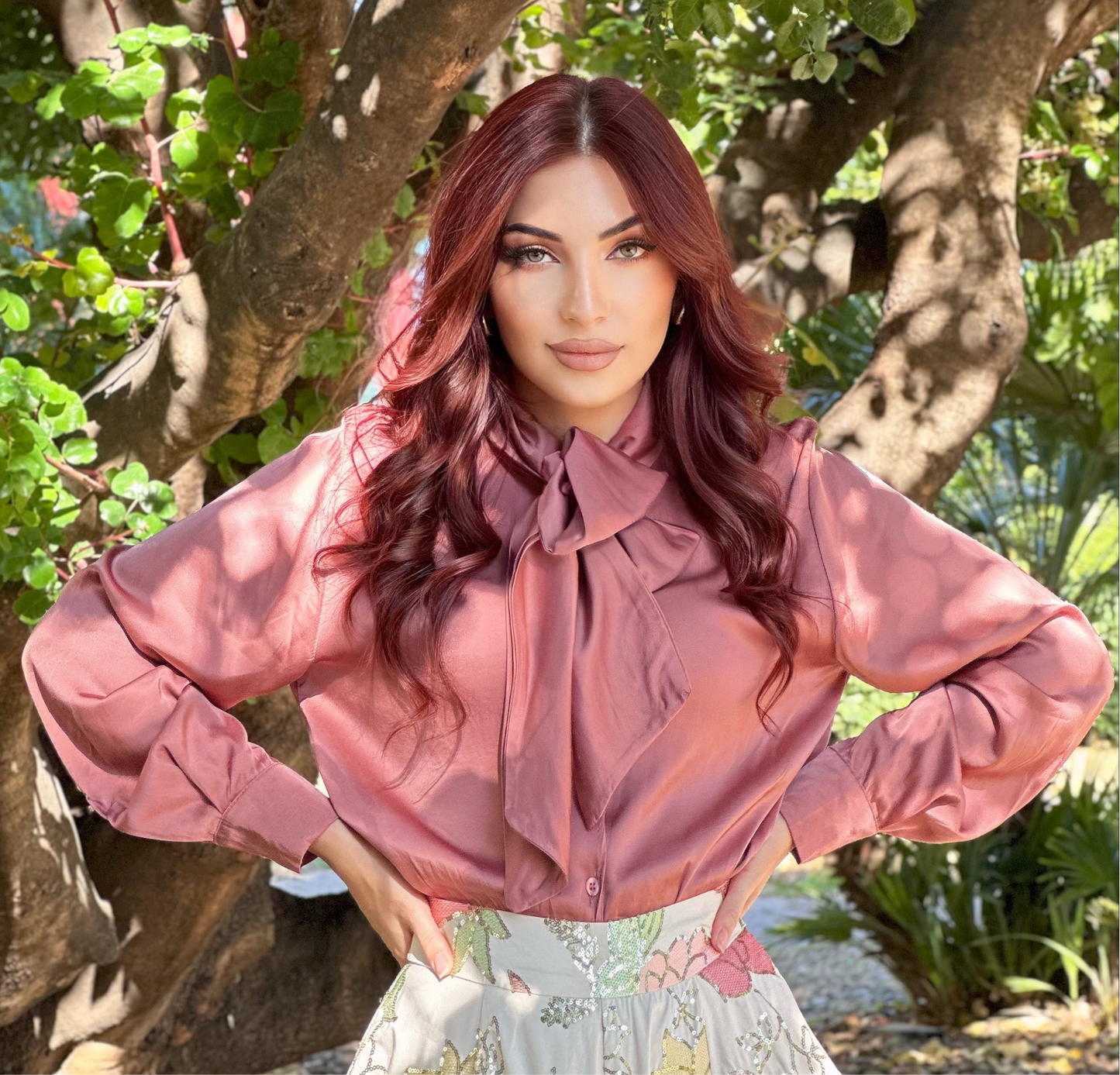 Silky Blouse With Neck Bow (Dusty Pink)