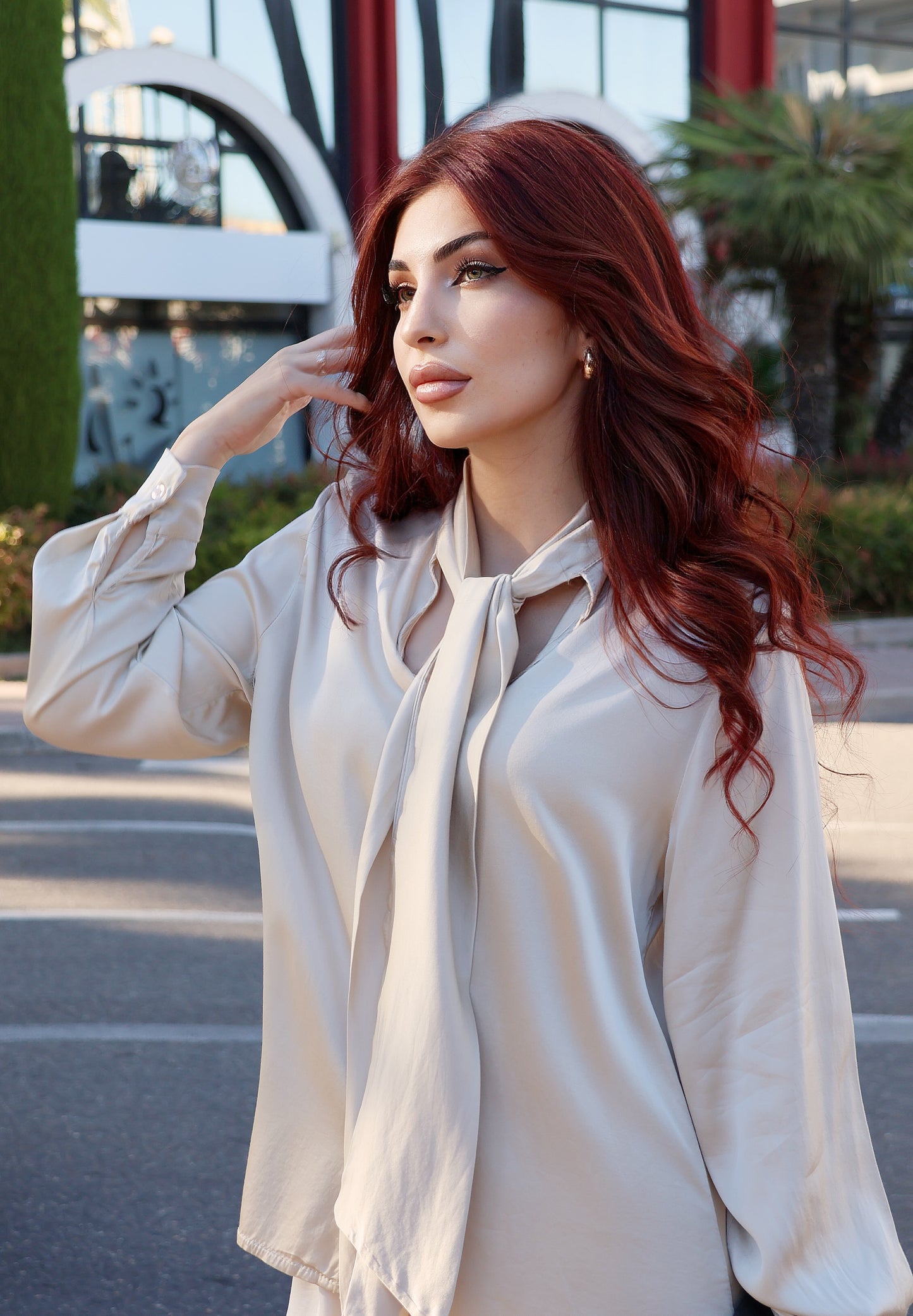Silky Blouse With Neck Bow (Beige)