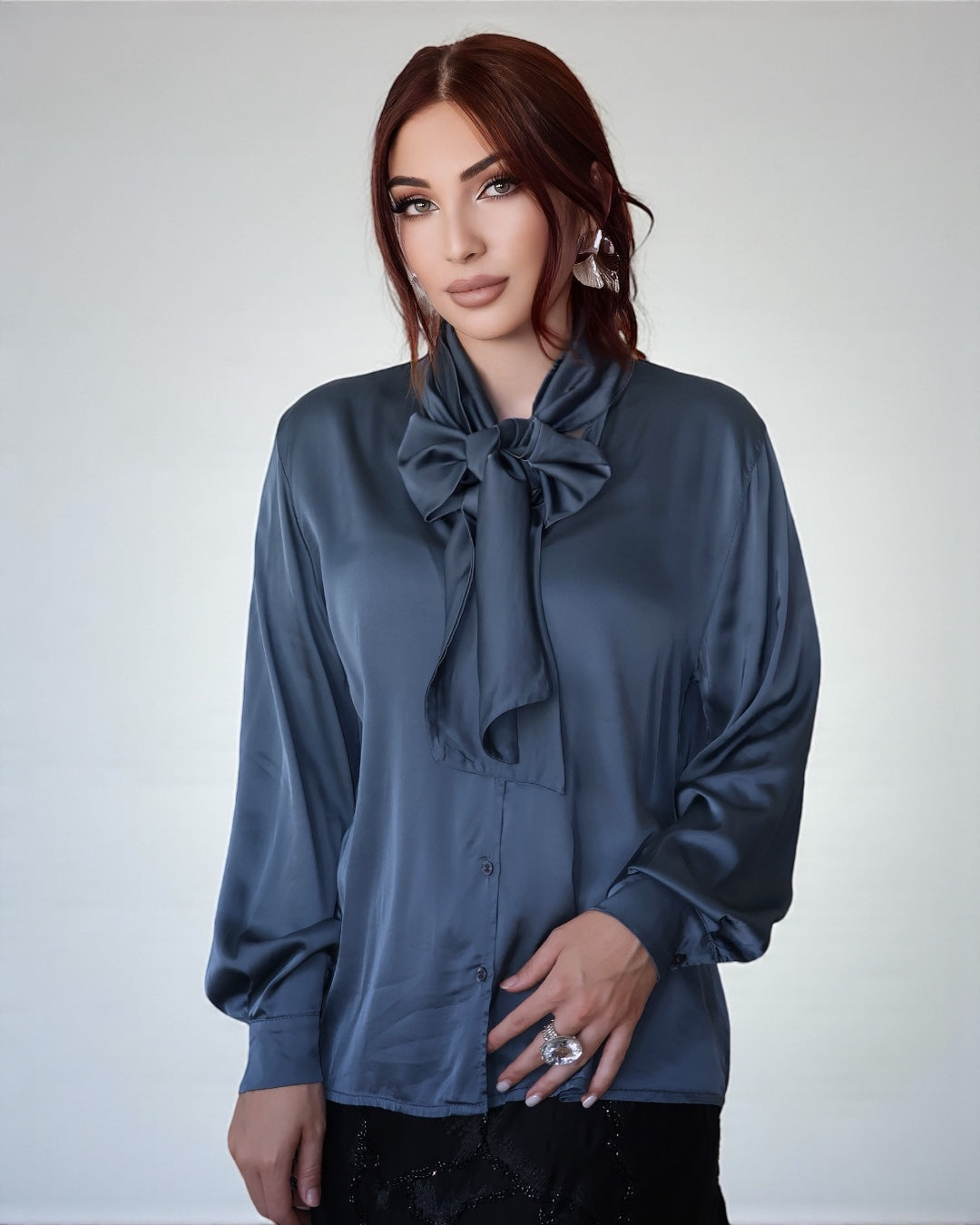 Silky Blouse With Neck Bow (Bluish Gray)