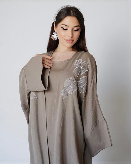 Noor Bloom – Embellished Two-Piece Set (Dark Beige)