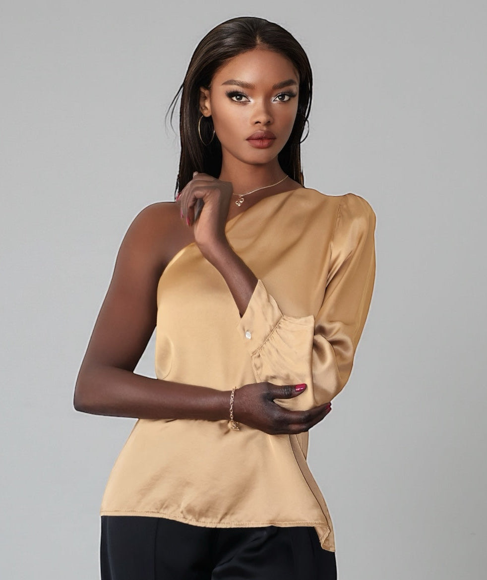 Атласная блузка с одним рукавом (золотистая)