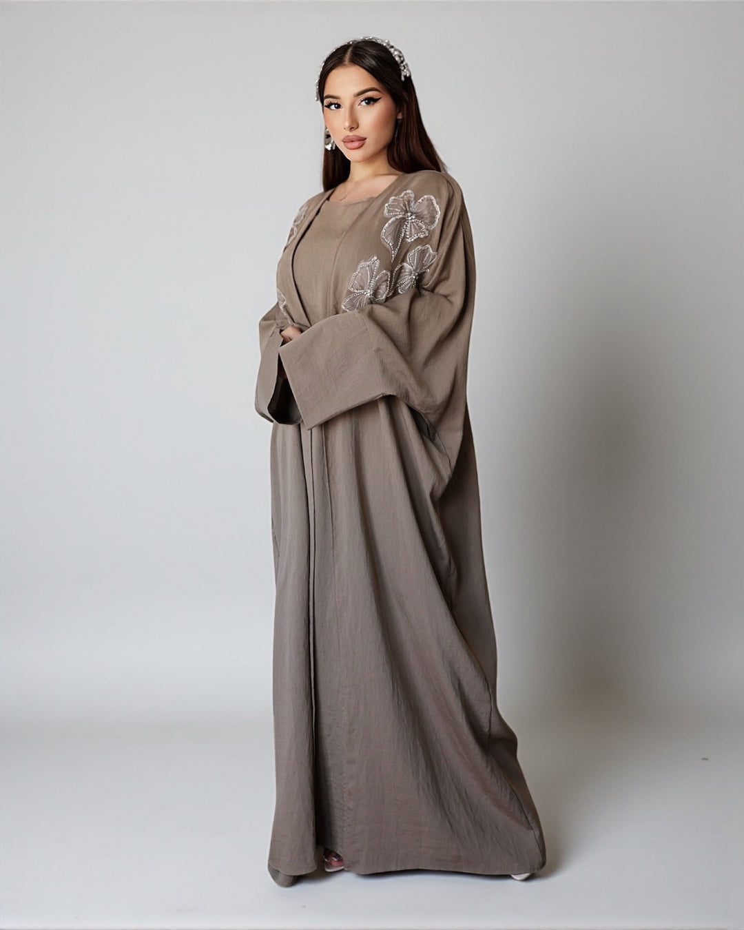 Noor Bloom – Embellished Two-Piece Set (Dark Beige)