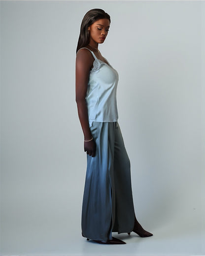 Брюки палаццо с разрезом по ноге, холодный зеленый