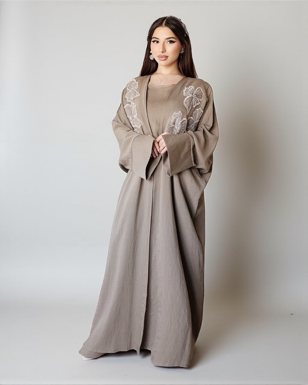 Noor Bloom – Embellished Two-Piece Set (Dark Beige)