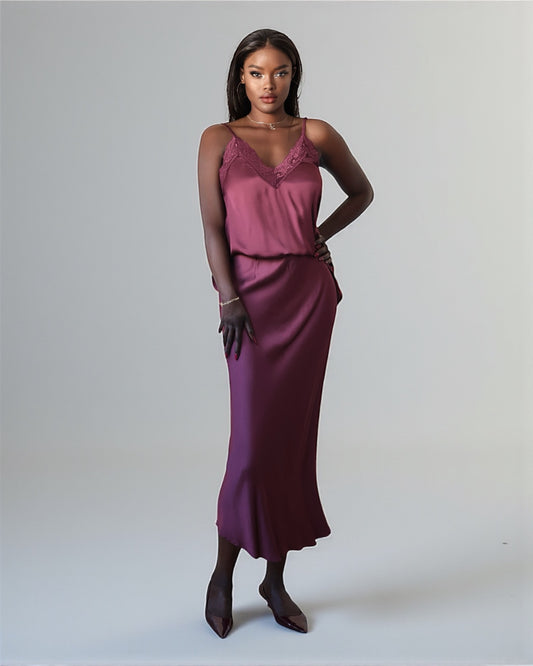 Elegant Skirt with Silky Shine (Wine Red)