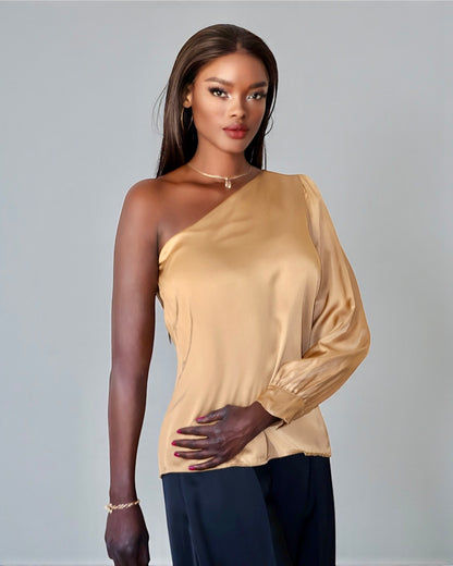Атласная блузка с одним рукавом (золотистая)