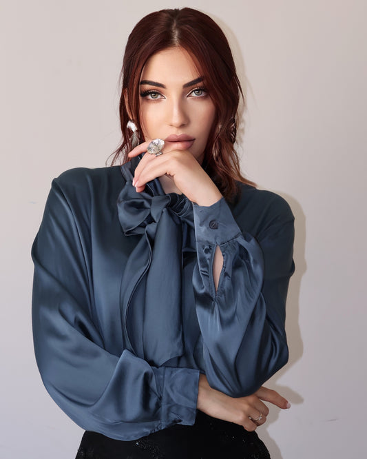 Silky Blouse With Neck Bow (Bluish Gray)