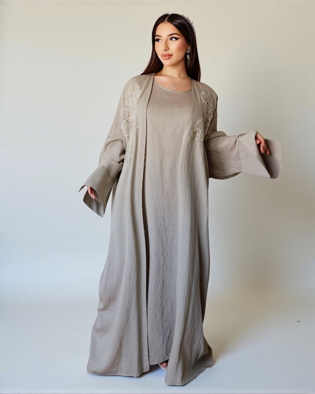 Noor Bloom – Embellished Two-Piece Set (Khaki)