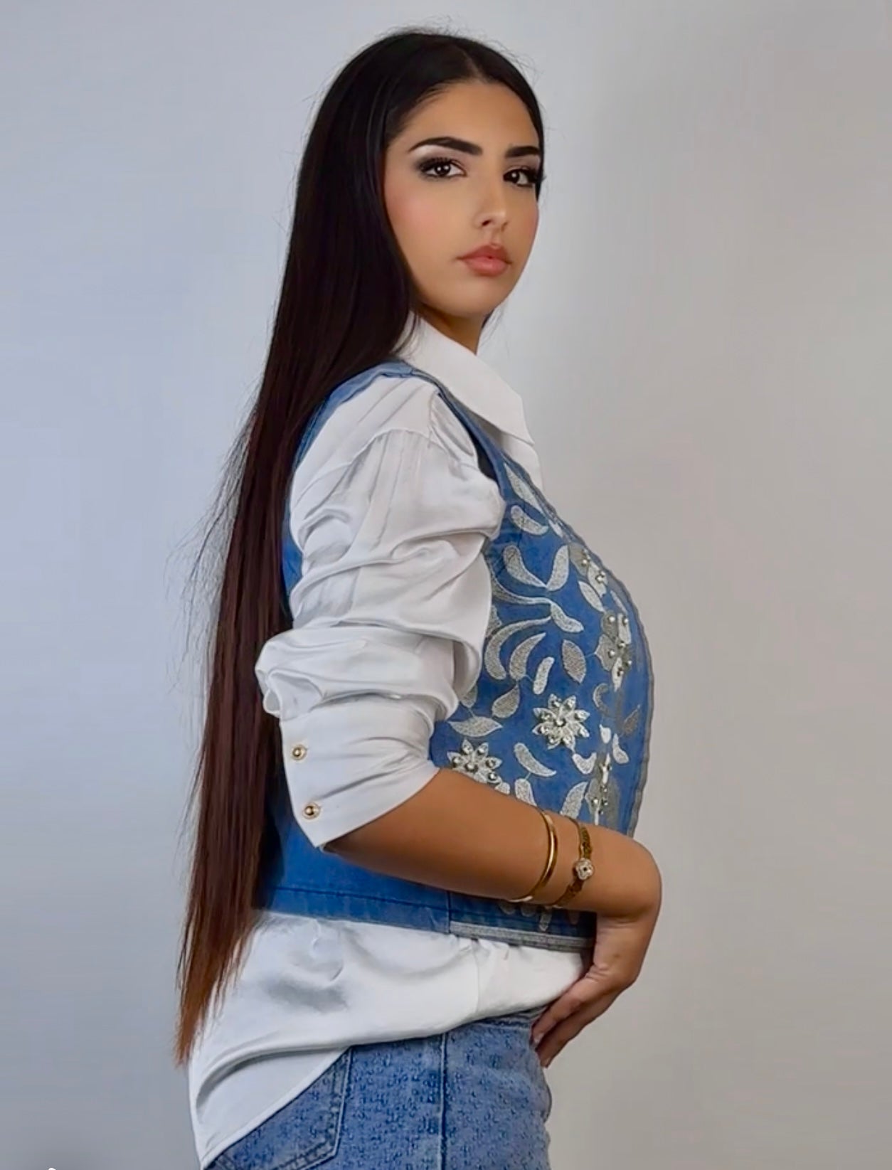 Denim Vest With Rhinestones