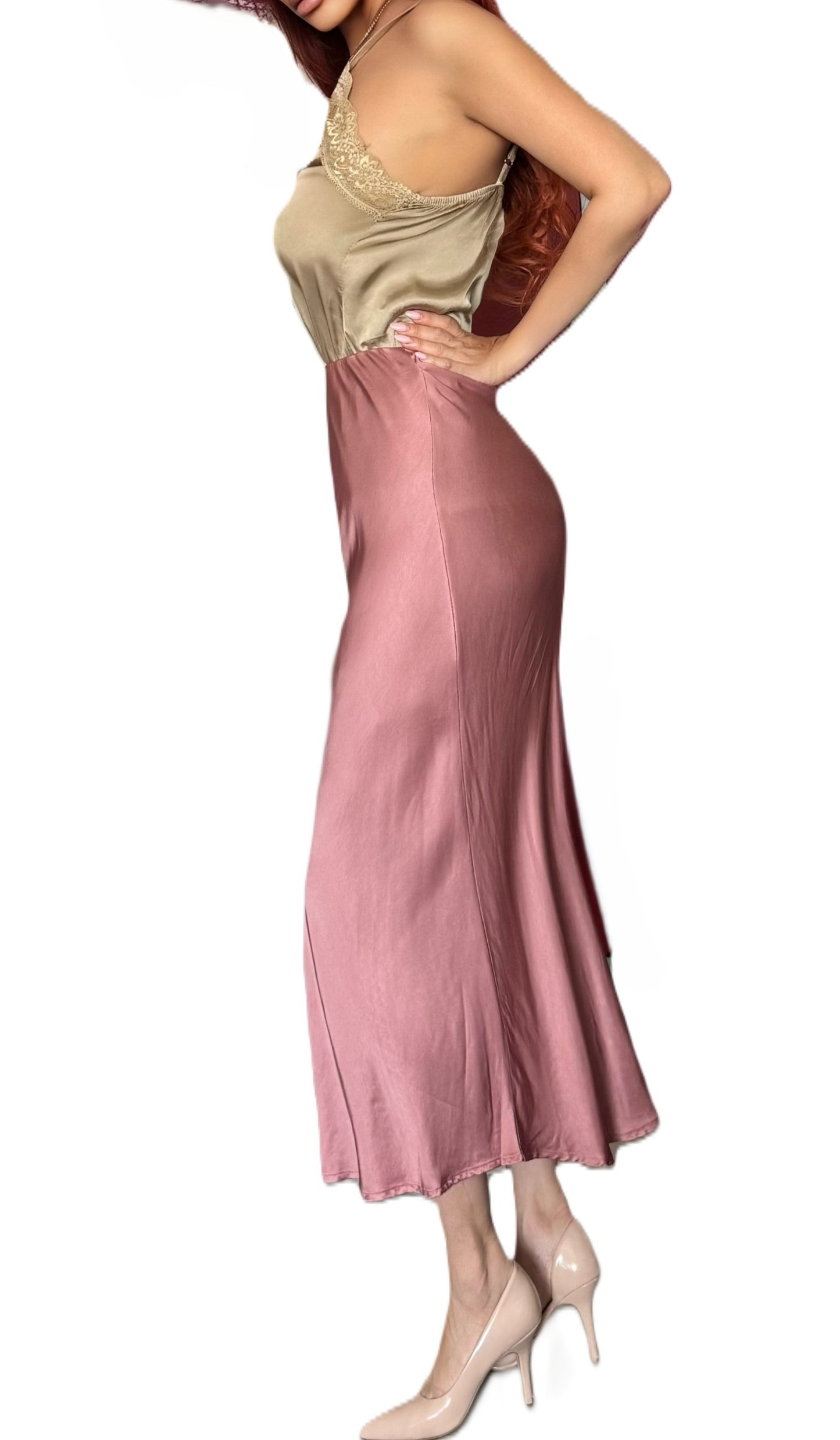 Jupe élégante à la brillance soyeuse (rose poudré)
