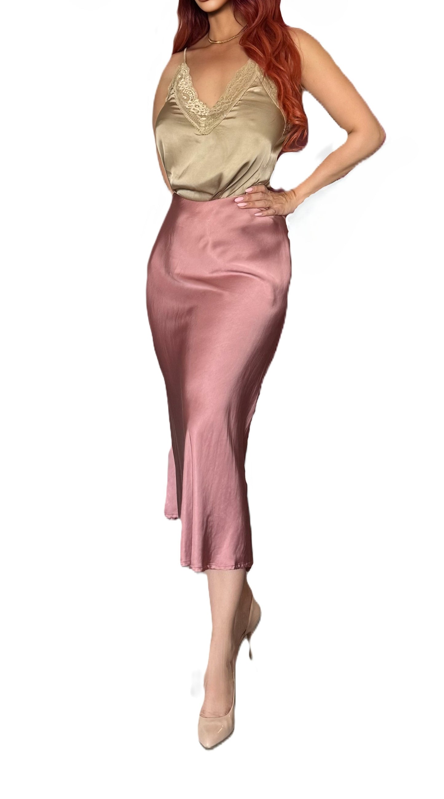 Jupe élégante à la brillance soyeuse (rose poudré)